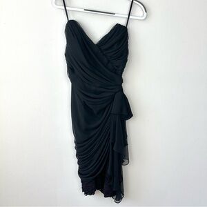 Tadashi Shoji Vintage 80s Strapless Rushed Chiffon Lace Black Knee Length Dress